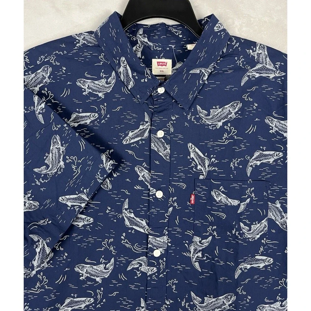 LEVI'S Shirt Men 2XL Navy Fish Print Standard Fit Short Sleeve Pocket Preppy